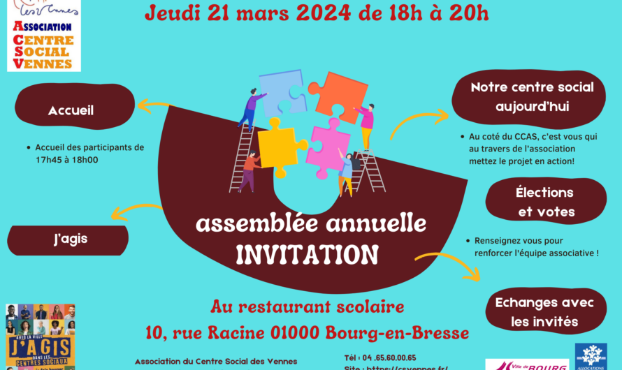 Invitation pour l’assemblée annuelle de l’association du centre Social des Vennes : jeudi 21 mars de 18h à 20h