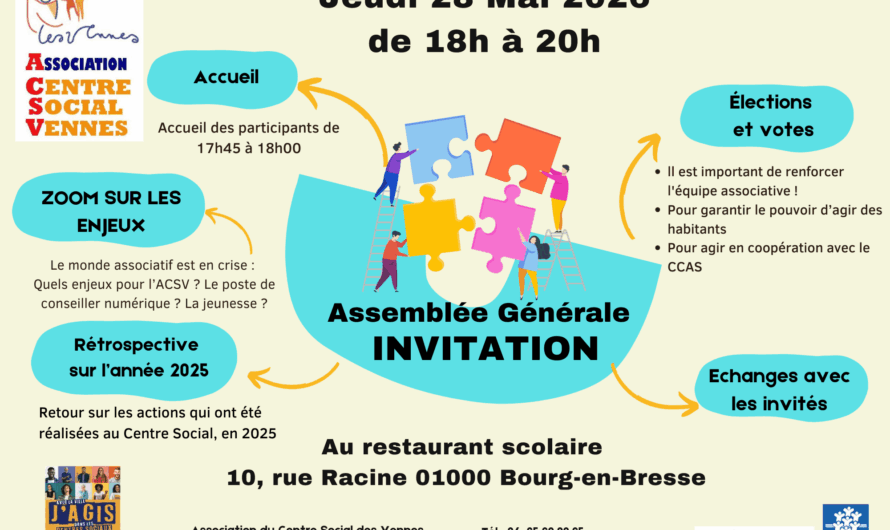 Jeudi 28 mai à 18h, au restaurant scolaire des Vennes : Assemblée Générale de l&rsquo;Association du Centre Social